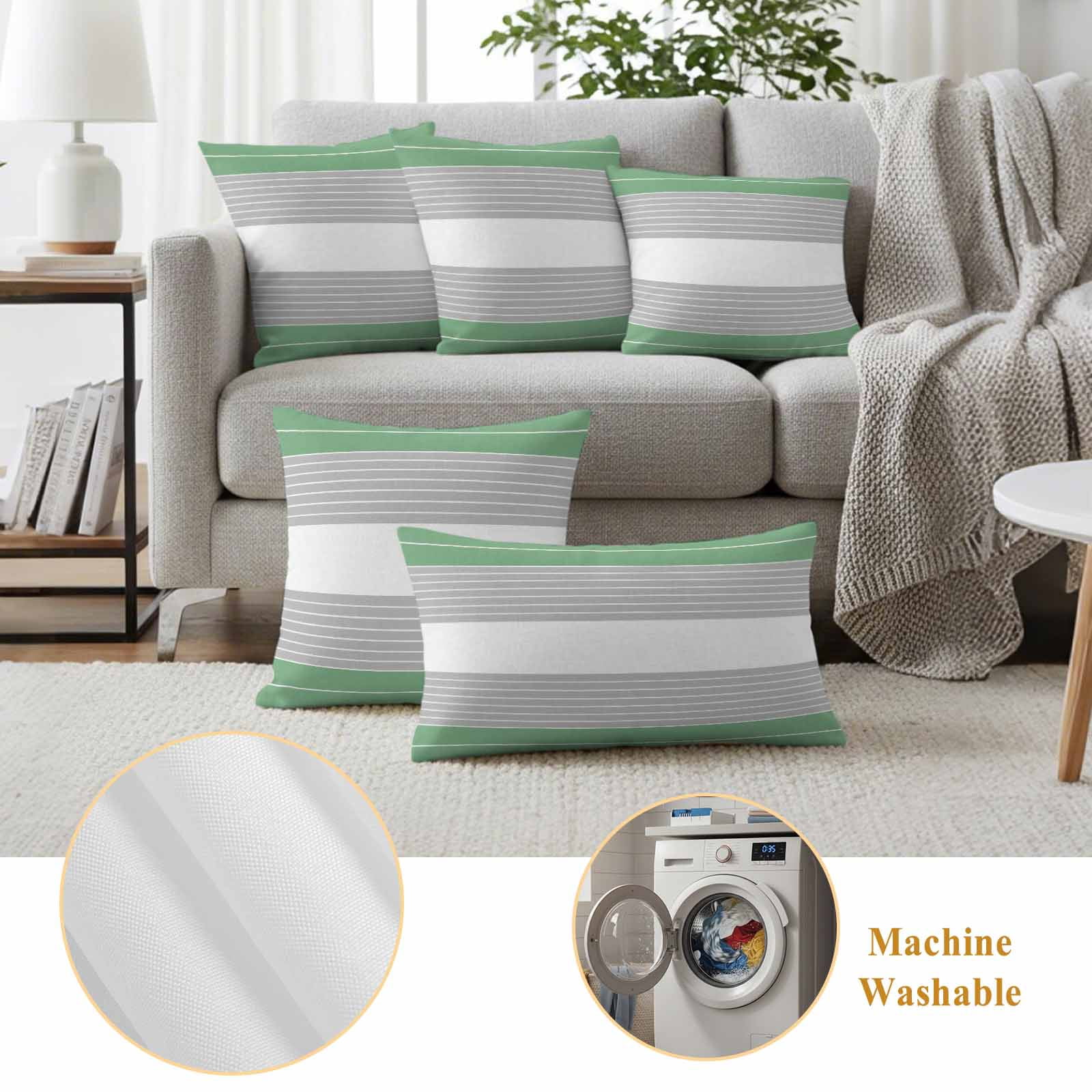 Green Grey Stripe Outdoor Waterproof Pillow Covers, Modern Art Horizontal Striped Decorative Square Throw Pillowcase Sofa Cushion Sham for Patio/Couch/Chair, 24"x24" 2 Pack