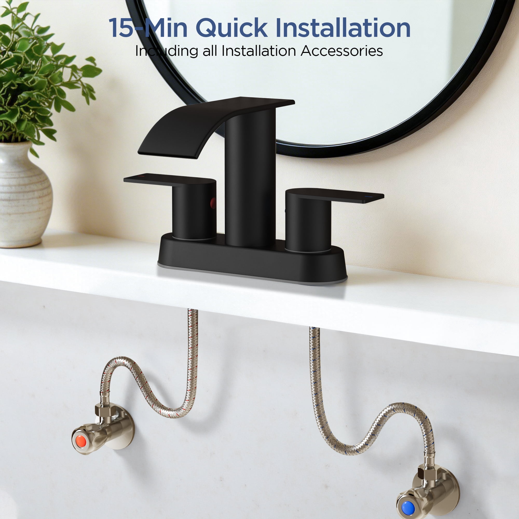 TVOFEK Waterfall Centerset Bathroom Faucets for 2 or 3 Hole with Metal Pop up Drain and cUPC Hose, 4 inch Matte Black Two Handles Basin Sink Faucet for Vanity RV Lavatory