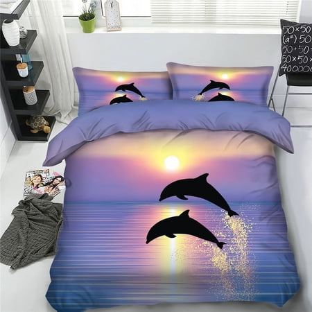3d blue and purple ocean sunset comforter sets kids twin size bedding boys girls dolphins animal pattern lightweight quilt bedspread and pillow shams aesthetic