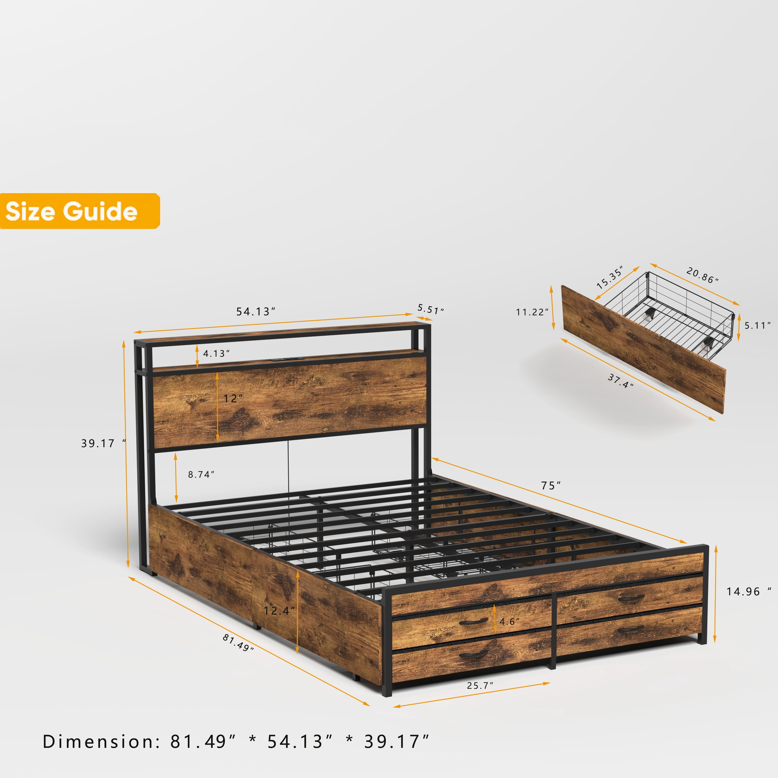 Miniyam Full Size Bed with Storage Drawers, Charging Station for Adult, Brown