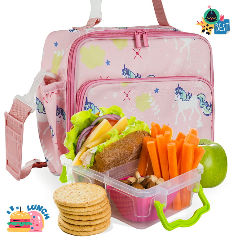 Mesa Pink Unicorn Lunch Box for Kids - Kids Lunchbox for School, Daycare,  Kindergarten - Insulated Lunch Box for Girls- With Handle, Shoulder Strap,  Zipper Front Pocket & Side Bottle Holder 