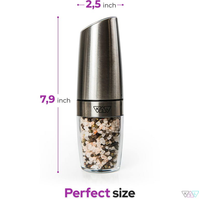 KSL Gravity Electric Salt and Pepper Grinder (Silver) - Battery Operated  Auto Mill, Automatic Shaker with Light 