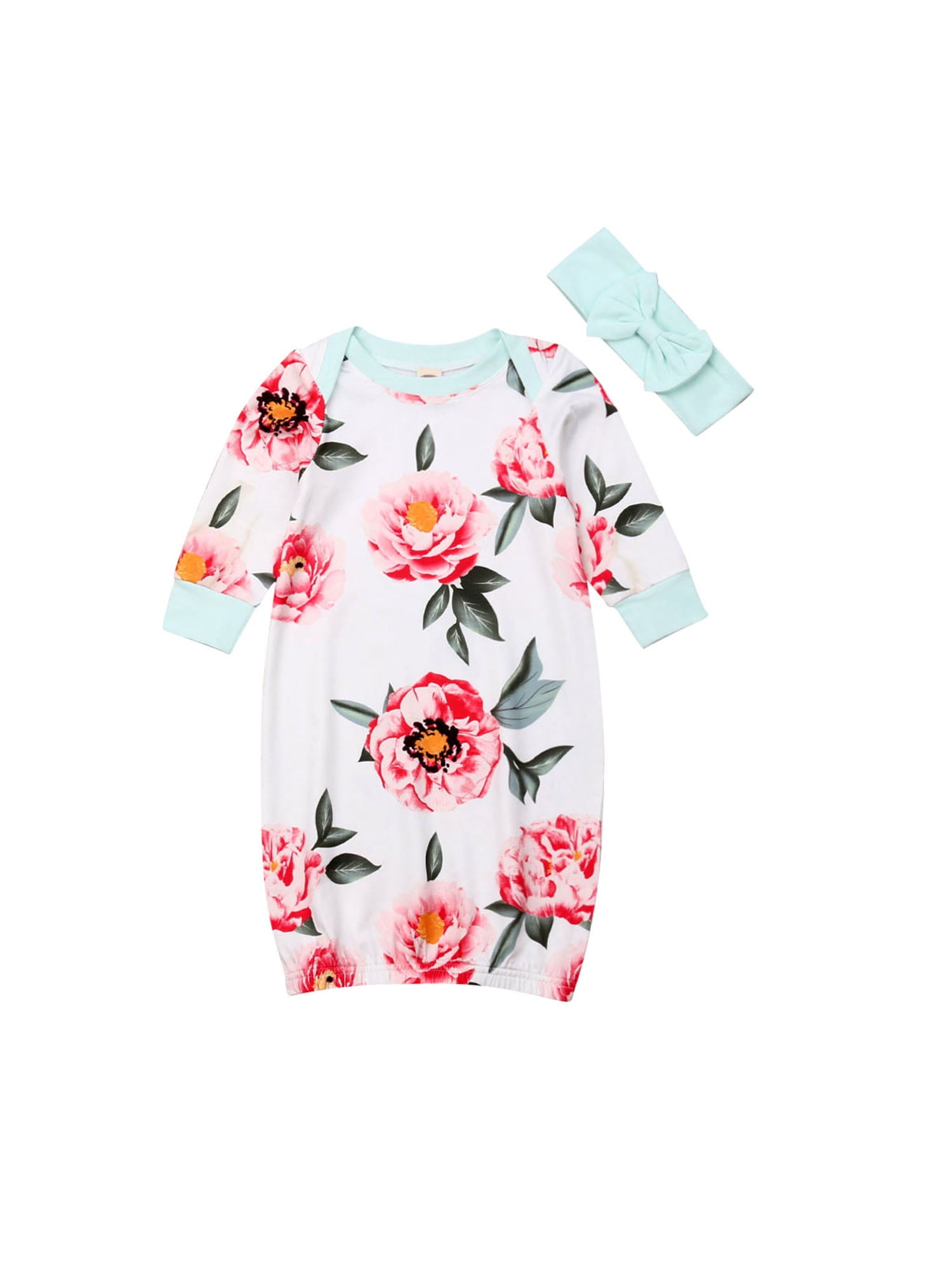Newborn Infant Baby Gown Floral Sleeper Romper Swaddle Cap Headband