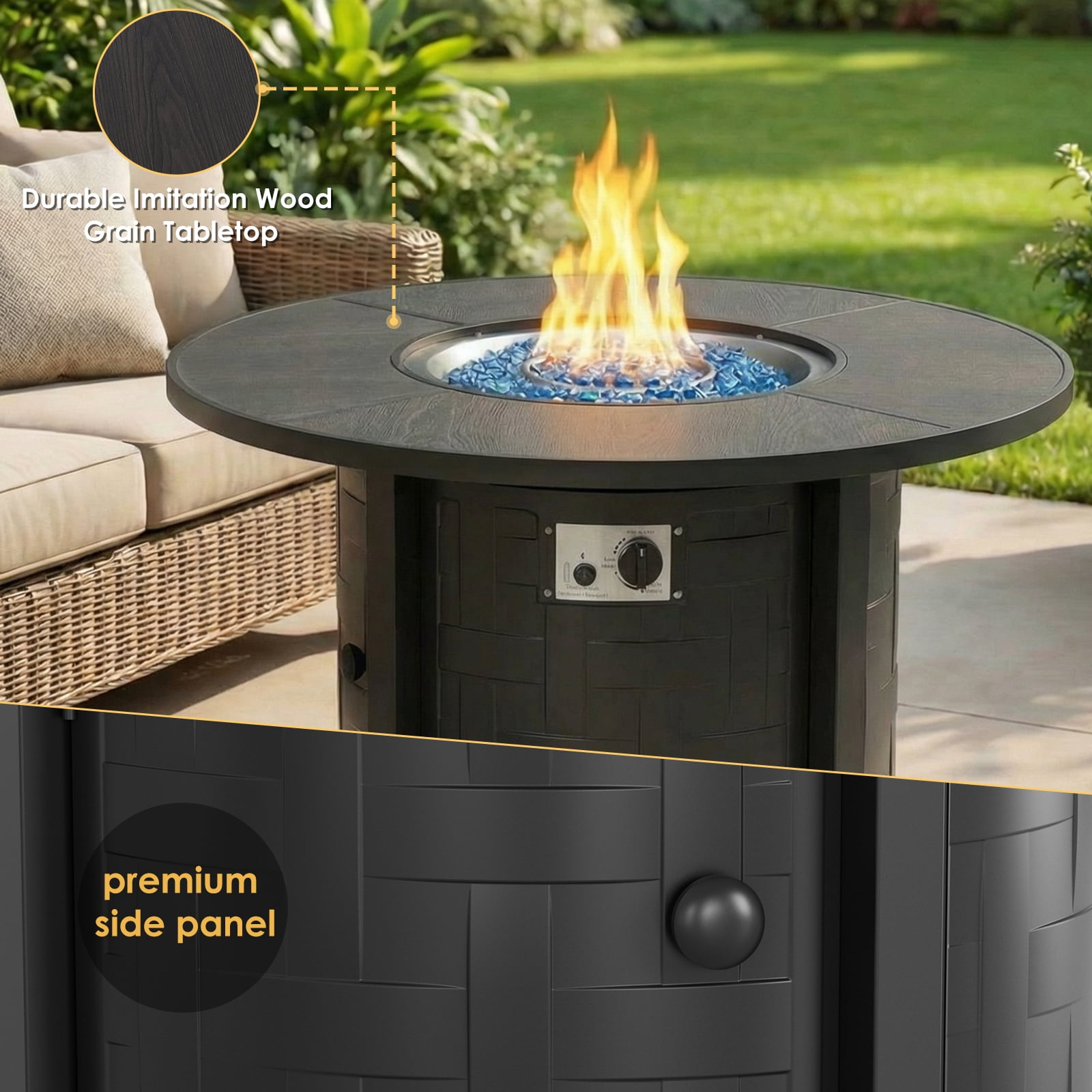 LIFERUN Propane Fire Pit Table 42 in, with Waterproof Cover, Blue Stone and Lid, 50,000 BTU Auto-Ignition Round Gas, for Outside Patio