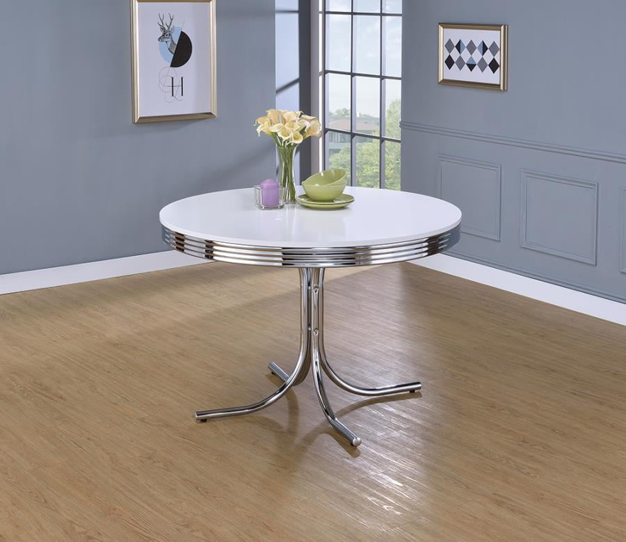 Retro White And Chrome Dining Table, 50 Round Dining Table With Leaflet