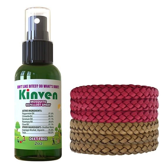 Kinven Bracelets and Spray Pack for Mosquito - 2oz Bottle + 6 Bracelets, Red/Brown, Great Looking and Natural, Insect Wristband & Spray, Waterproof, Indoor Outdoor Protection for Adults & Kids