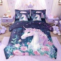 Feelyou 3D Magic Unicorn Twin Bedding Sets 7-Piece for Teen, Romantic Rose Flower Bedding Comforter Set, Glitter Stars Galaxy Reversible Sheet Sets, Super Cozy Room Decor