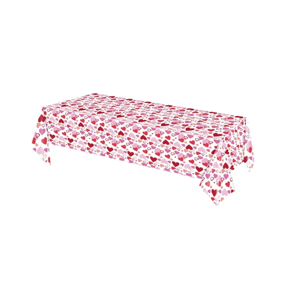 geerera Valentine's Day Tablecloth, 54” x 108” Plastic Table Cover with Red White Heart Design, Disposable Rectangle Tablecloth for Outdoor Party, Banquet Hall, Holiday Celebration Decor