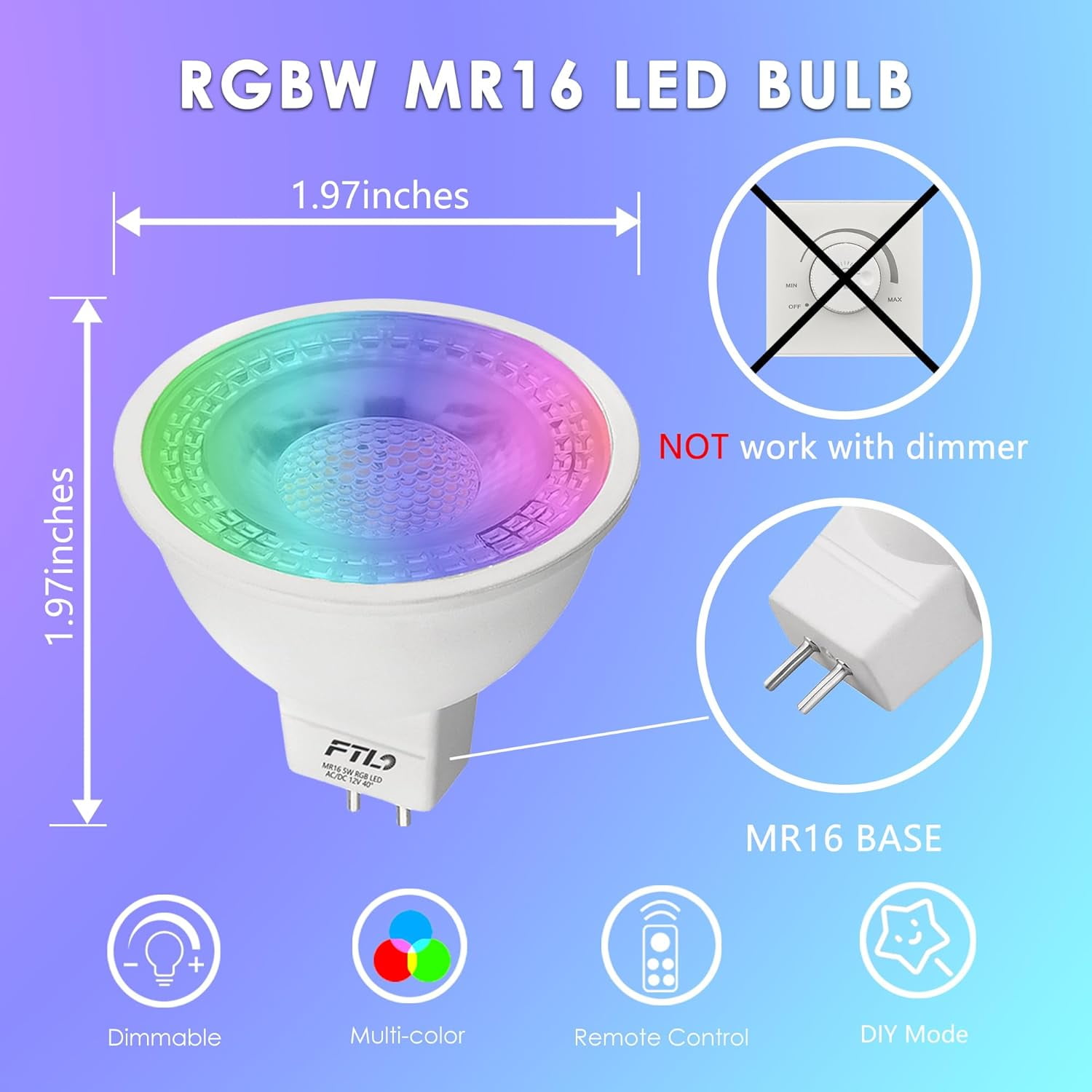 FTL MR16 LED Bulb Color Changing Light Bulbs with Remote Control,RGB Colored Bulbs Dimmable 2700K-6000K 12V 5W 40W Equivalent GU5.3, Spot Light for Landscape Lighting, Track Lighting, 6-Pack