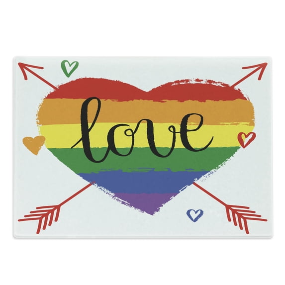 Pride Cutting Board, Hand Drawn Rainbow Heart Arrows and Doodles Love Word Homosexuality Special Day, Decorative Tempered Glass Cutting and Serving Board, Large Size, Multicolor, by Ambesonne
