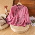 thumbnail image 2 of Womens Blouses Womens Retro Placket Frog Button Cotton Linen Top 3/4 Sleeve Embroidered Trendy Summer Casual Womens T Shirts, 2 of 4