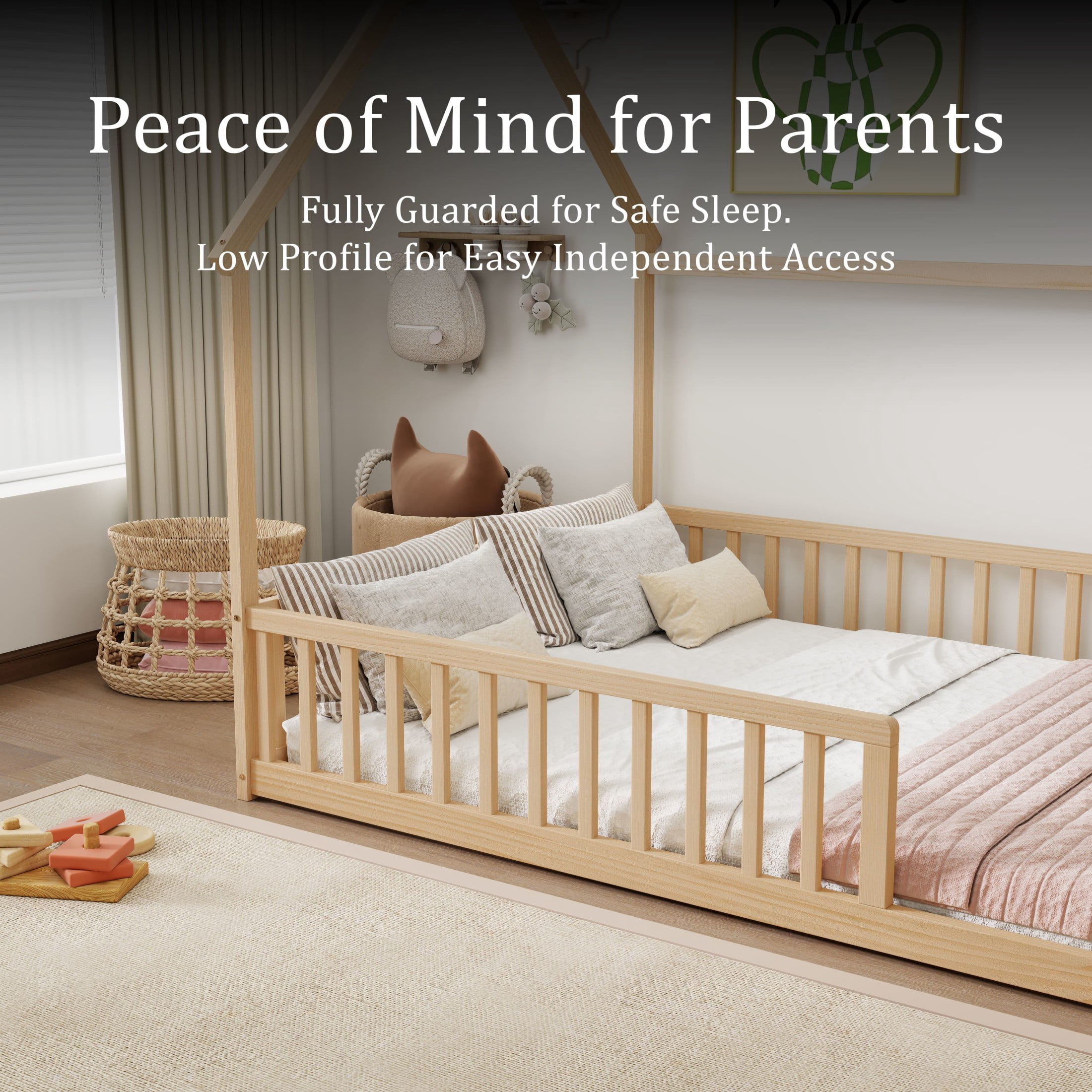 Noble House Morde Full Size House Floor Bed with Gable Roof Frame & Safety Guardrails, Pine Wooden Bed Frame, Natural