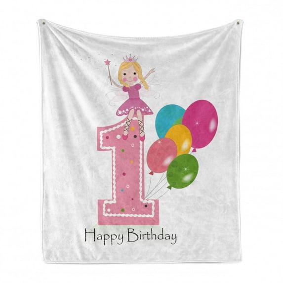 1st Birthday Soft Flannel Fleece Throw Blanket, Princess Fairy Party Theme with Best Wishes Pink Wand and Balloons, Cozy Plush for Indoor and Outdoor Use, 60" x 80", Pale Pink and Lilac, by Ambesonne