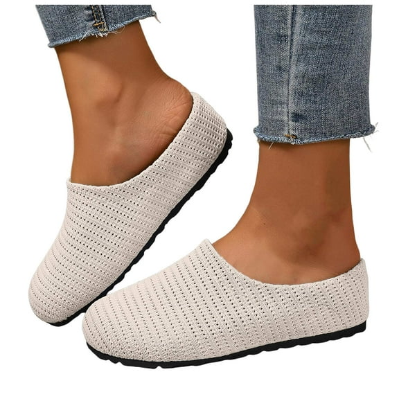 Womens Knitted Mesh Slip On Slippers Breathable Flat Walking Mules Round Toe Backless Dress Shoes