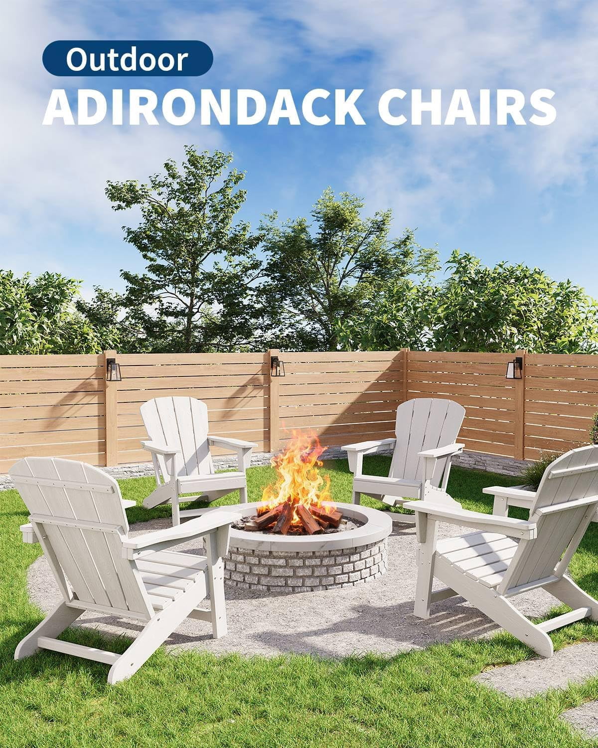 Modern HDPE Plastic Adirondack Chair - Oversize 380LB Poly Lumber Weather Resistant Firepit Chair - Outdoor Patio Chairs with Wooden Textured for Garden, Backyard, Lawn, Deck, Pool, Porch - White