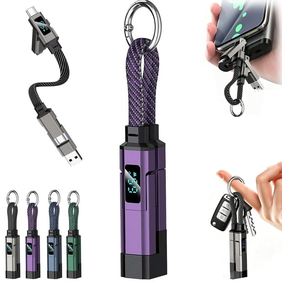 4 in 1 USB C Keychain Charger Cable,Universal 65W Fast Charging Short Phone Lanyard Data Cable Fit Type-C/USB-A/USB-C,Portable Multi Charge Digital Display Cord (Purple 1pcs)
