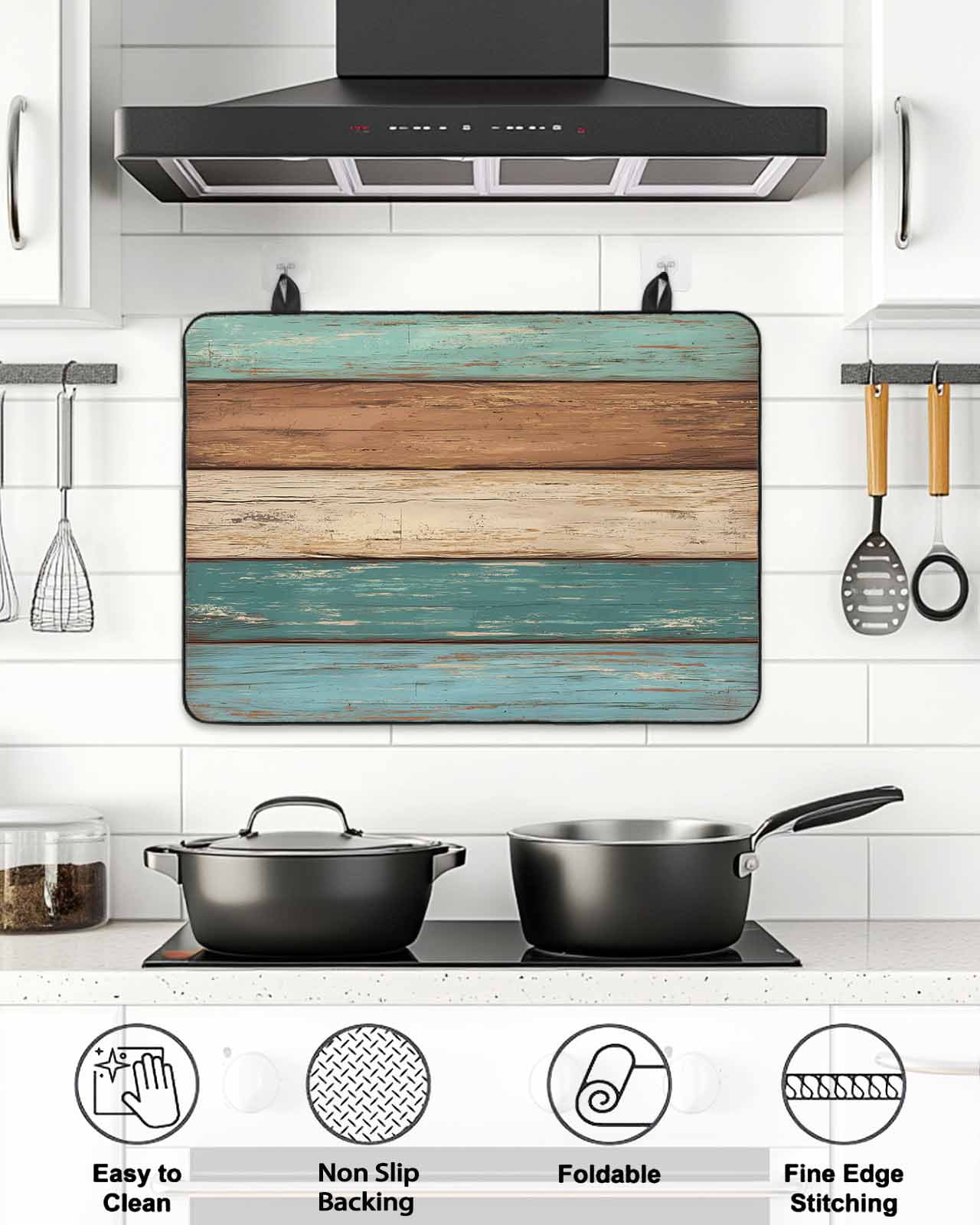 Stove Top Covers for Electric Stove 24x21In, Teal Turquoise Heat Insulation Fireproof Glass Cooktop Protector, Retro Farmhouse Wood Grain Brown Multipurpose Countertop Stovetop Cover for Kitchen