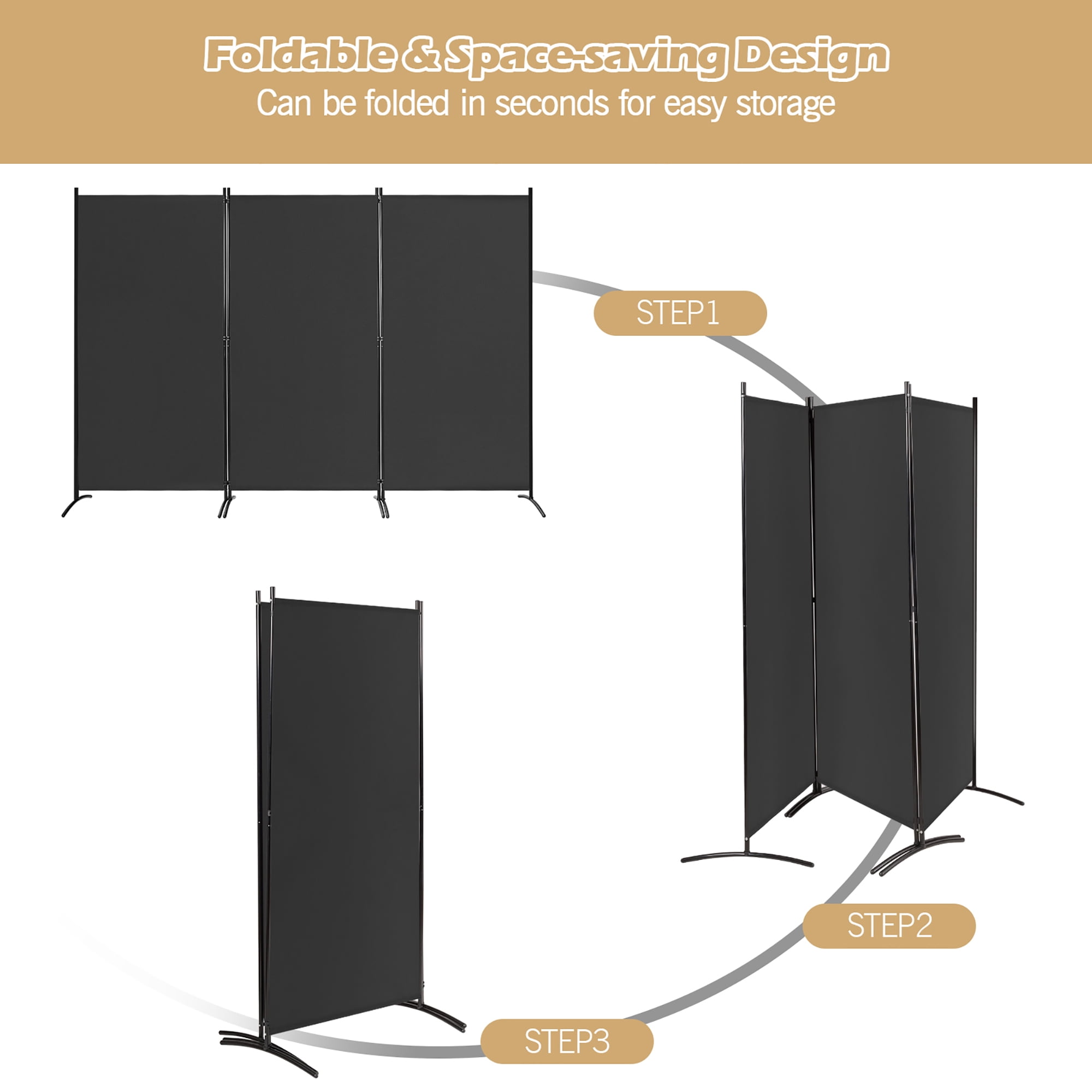 Costway 3-Panel Room Divider Folding Privacy Partition Screen for Office Room Black