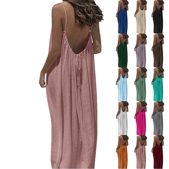 Elvqul Nightdress for Women Plus Size Summer Slip Dress Pullover Roundneck Flowy Spaghetti Strap Open Back Womens Maxi Dress Sleeveless