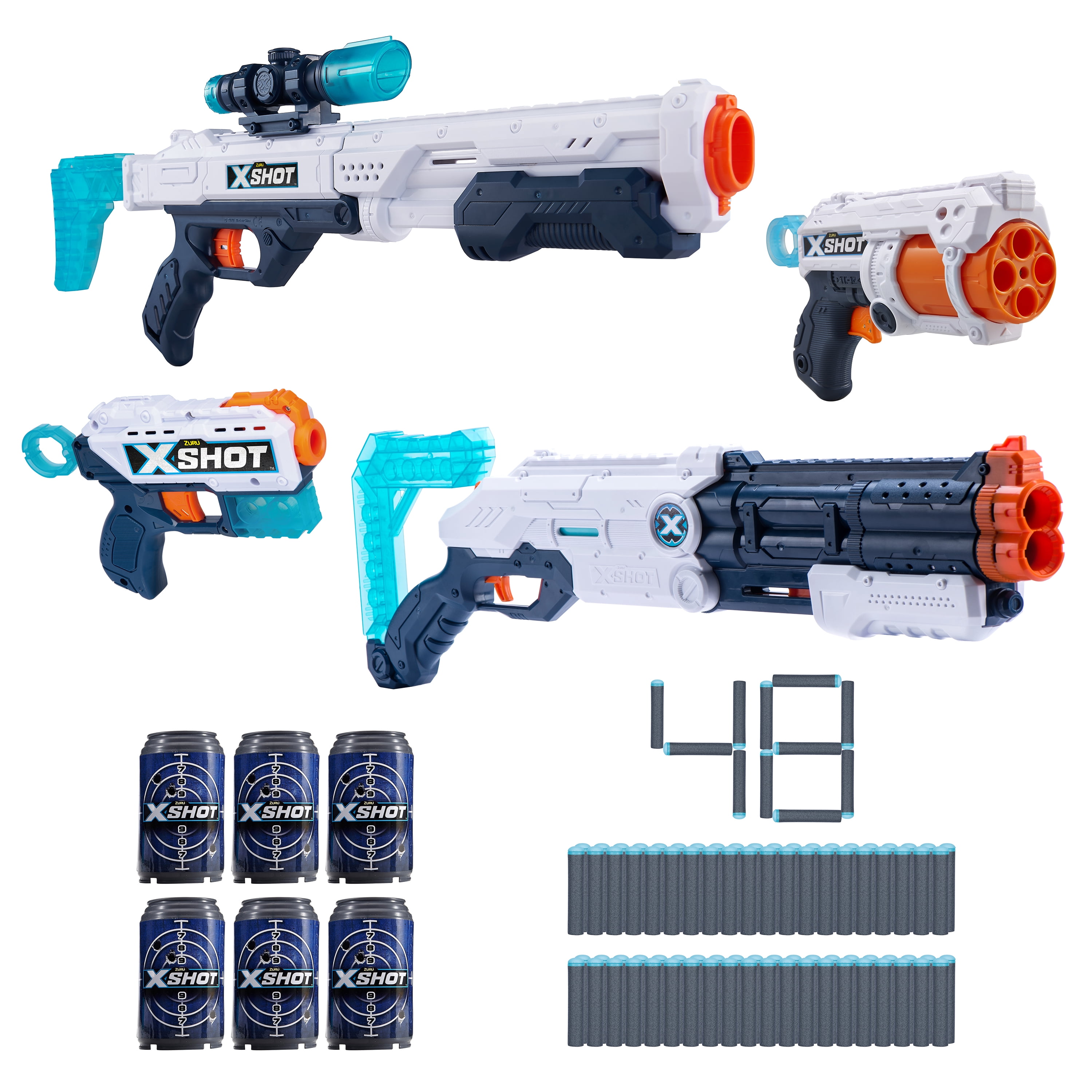 X-Shot Excel Ultimate Shootout Foam Dart Blaster Combo Pack (4 Blasters 48 Darts 6 Cans) by ZURU