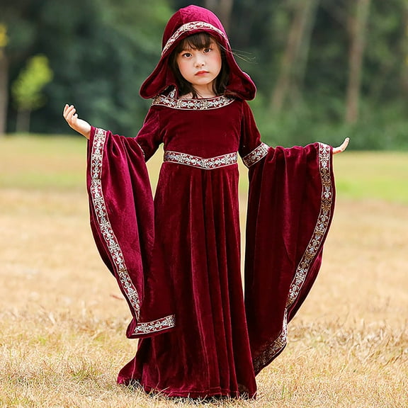 EnJoCho Girls Vintage Witch Dress with Hooded Robe Wide Sleeves Solid Color Tight Kids Halloween Par𝗍y Dress Black Gothic Style Outfit