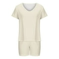 thumbnail image 4 of Scyoekwg Two Piece Outfits for Women Home Pajamas Sets Trendy Solid Color Short Sleeve V-Neck Tops Drawstring Shorts Casual Loose Sweatsuits Sets (Beige,M), 4 of 5