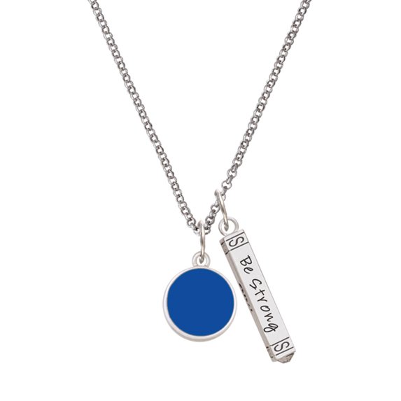 Delight Jewelry Silvertone Small Navy Blue Enamel Disc Silvertone Be Strong and Courageous Bar Charm Necklace, 23"