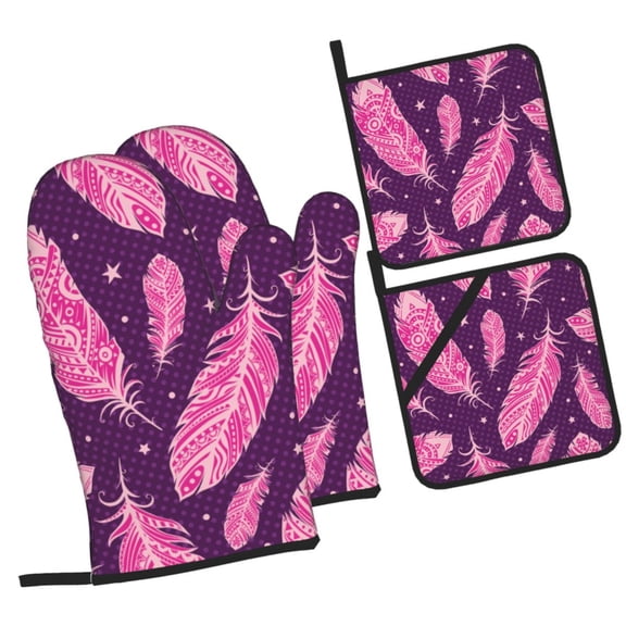 LAKIMCT Blue Vintage Feather Oven Mitts and Pot Holders Sets Non-Slip Potholders Heat Resistant Oven Gloves for Kitchen Baking Cooking BBQ, 4-Piece Set