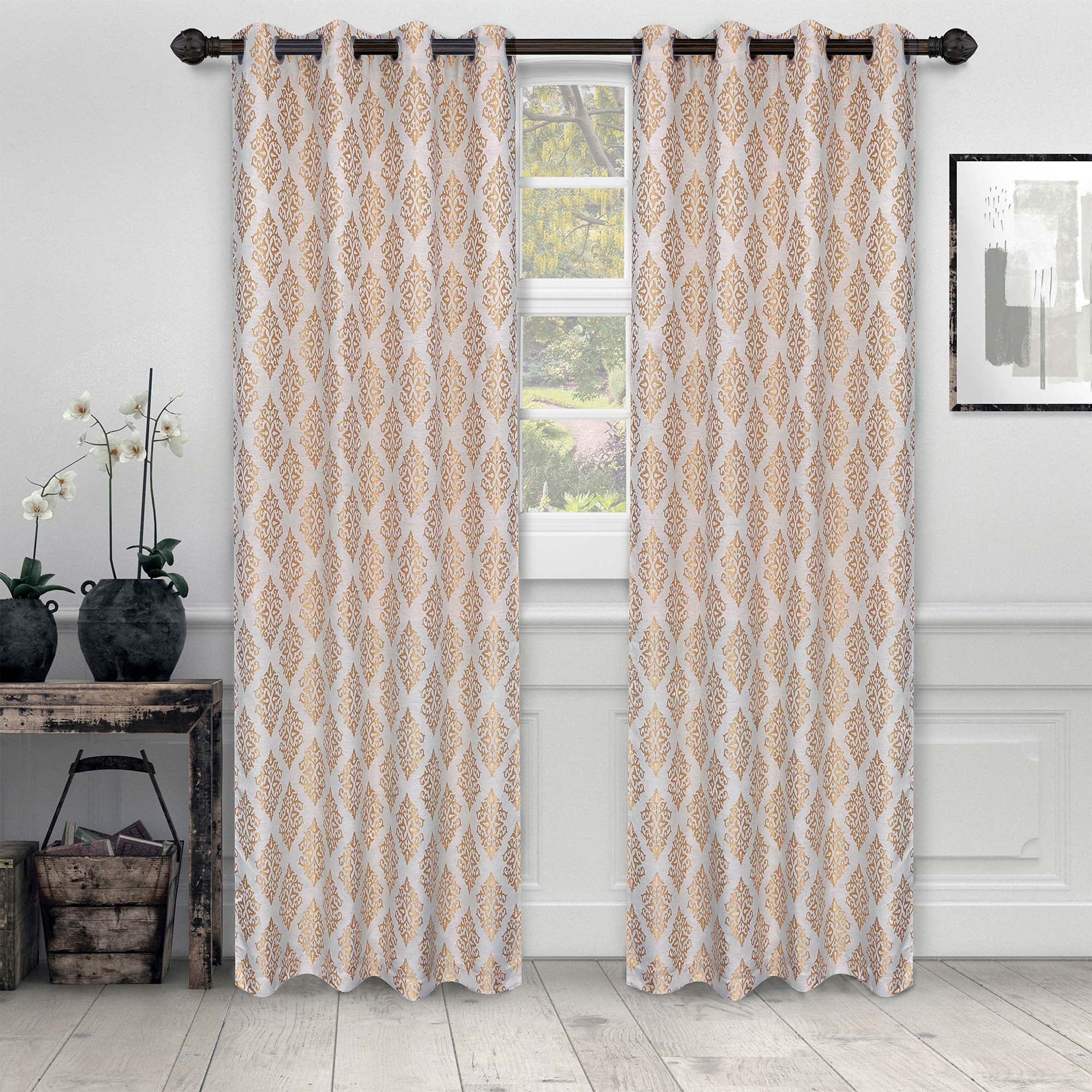 Superior Venetian Damask Jacquard Grommet Curtain Panel, Set of 2, 52" x 96", Gold