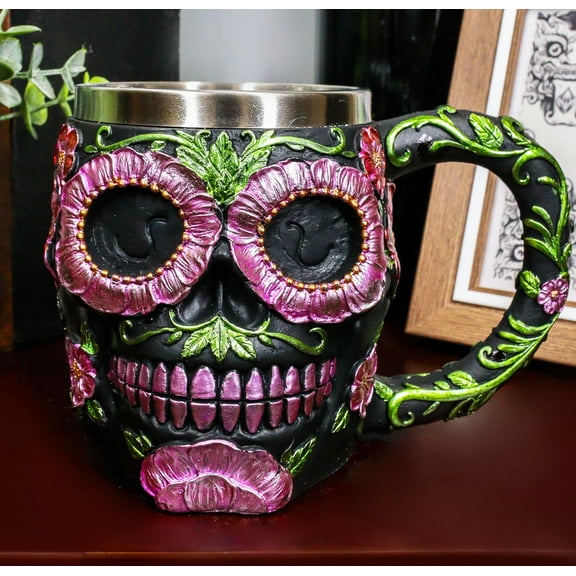 Ebros Gothic Black Red Pink Green Day of The Dead Sugar Skull Mug 12 Oz