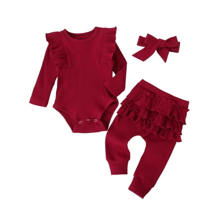 

elfinBE Newborn Baby Girl Toddler Solid Ruffle Long Sleeve Romper Pants And Hairband 3PCs Outfits Set 0-18M