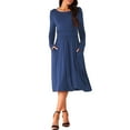 thumbnail image 2 of INSPIRE CHIC Women's Crewneck Long Sleeve High Waist Midi Swing Dress with Pockets Deep Blue S, 2 of 4