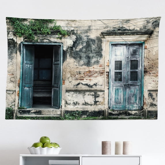 Rustic Tapestry, Colored House a Pastel Weathered Door Old Days Back Then Buildings Photo, Fabric Wall Hanging Decor for Bedroom Living Room Dorm, 2 Sizes, Blue Green, by Ambesonne