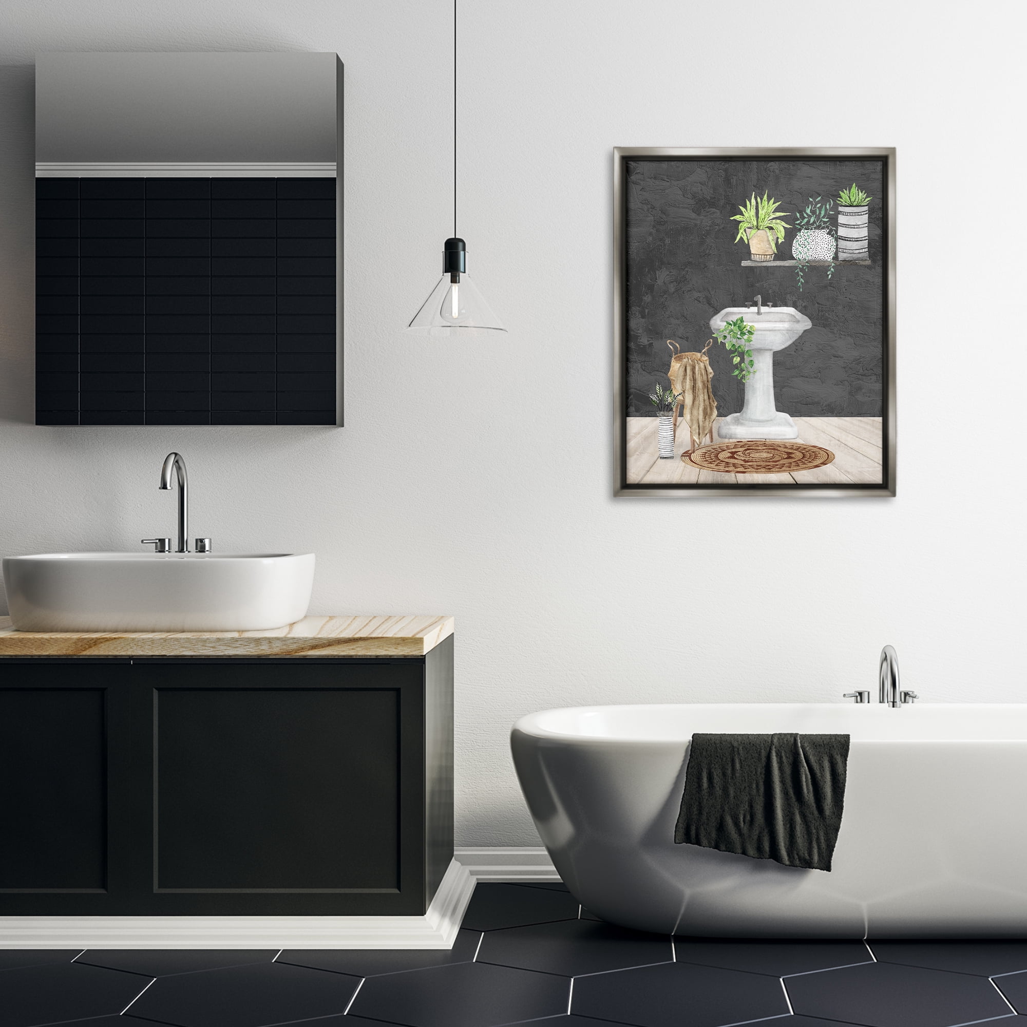 Stupell Industries Relaxing Bathroom Scene Bath & Laundry Painting Gray Floater Framed Canvas Art Print Wall Art, 25 x 31