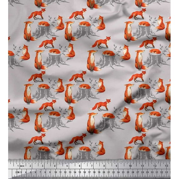 Soimoi Gray Cotton Duck Fabric Tree Stump & Fox Animal Printed Craft Fabric by the Yard 56 Inch Wide