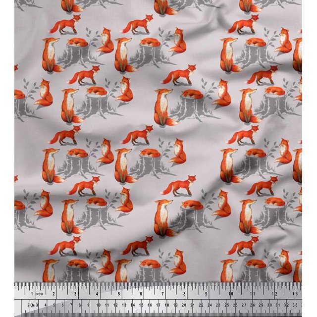 Soimoi Gray polyester Crepe Fabric Tree Stump & Fox Animal Print Fabric by the Yard 42 Inch Wide