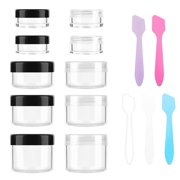Travel Size Cosmetic Jars 10 Pack, Leakproof Plastic Containers with Lids, 5 Sizes with 5 Mini Spatulas for Makeup Cream Lotion Samples & Gifts