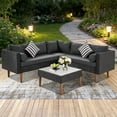 thumbnail image 2 of 4-Piece Outdoor Wicker L-Shaped Sofa Set, Patio Furniture with Gray Cushions, Black Rattan, Striped Pillows & Glass Coffee Table, for Backyard, Balcony, Poolside, 2 of 10
