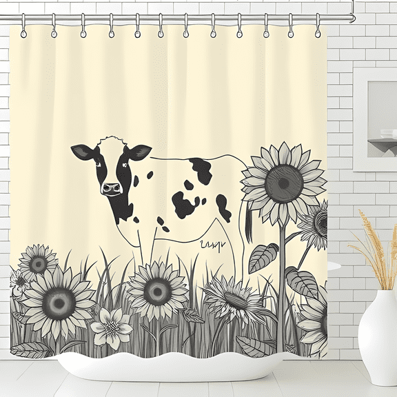 Whimsical Black and White Cow Shower Curtain with Sunflowers - Vintage Rustic Bathroom Decor