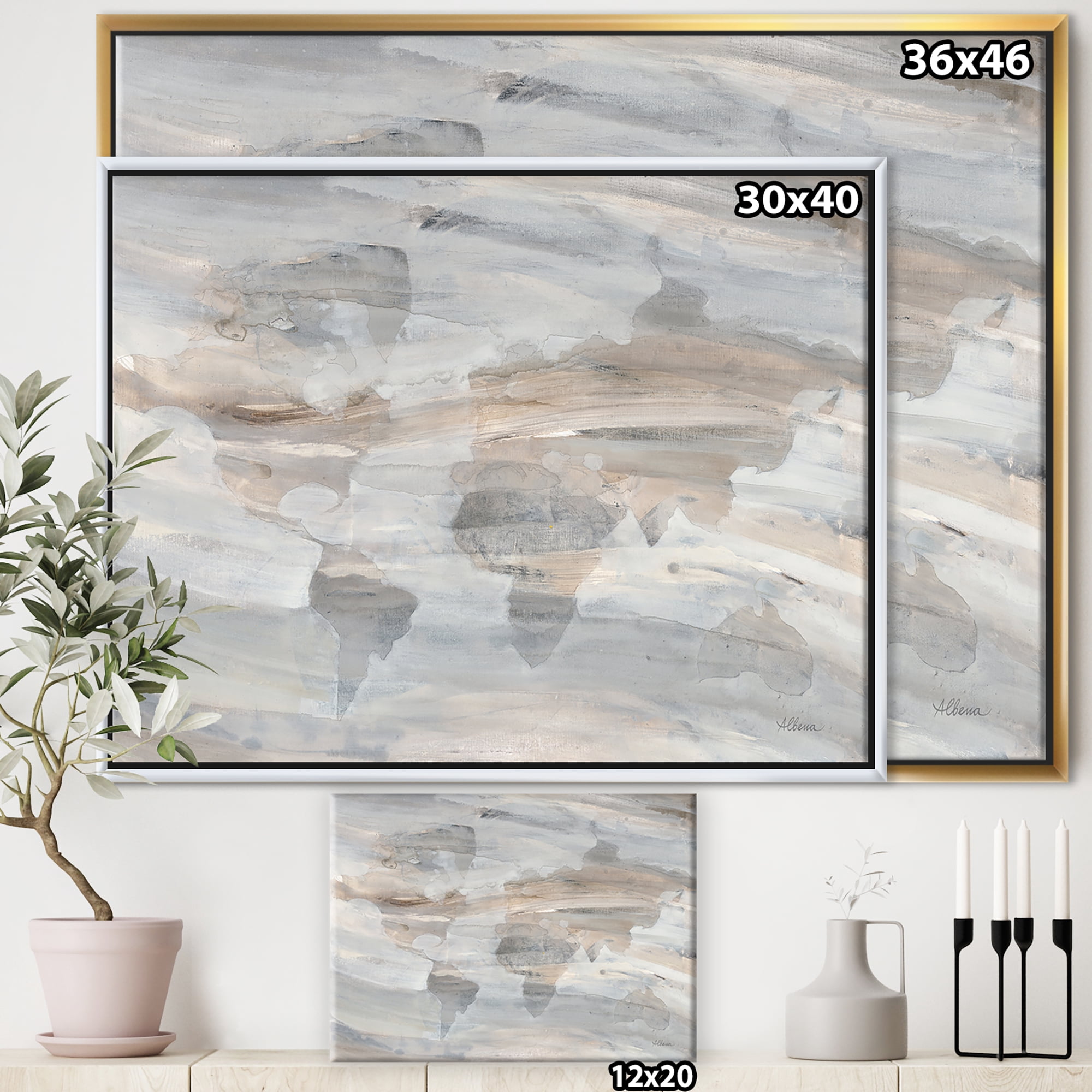 Designart ' Misty World Map ' Glam Map Framed Canvas