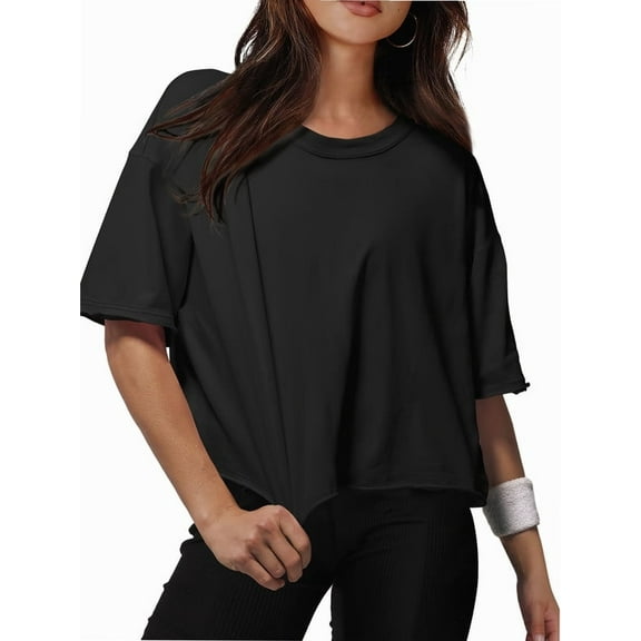 Women Cropped T-Shirts Drop Shoulder Round Neck Crop Tops Casual Summer Solid Color Basic Tees