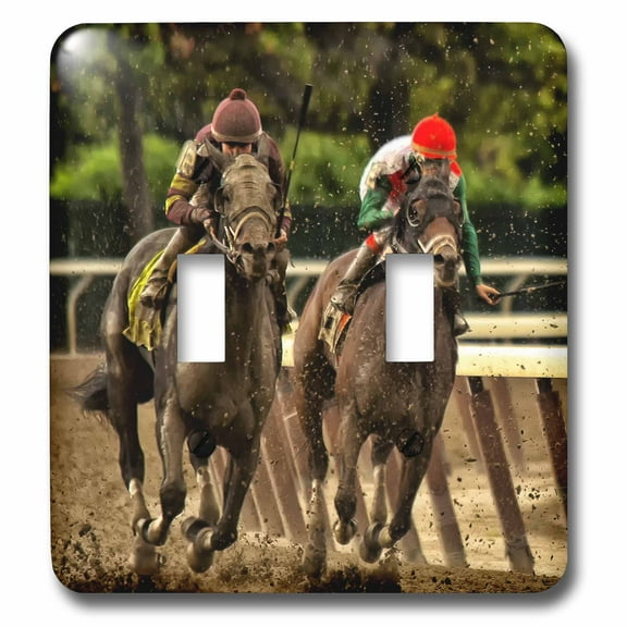 3dRose, two horses and jockeys racing to finish line, mud flying., double toggle switch