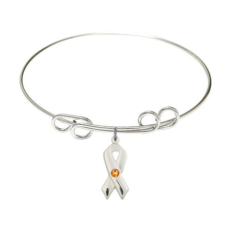 - 8 inch Round Double Loop Bangle Bracelet w/ Cancer Awareness medal charm w/ November Yellow Swarovski Crystal