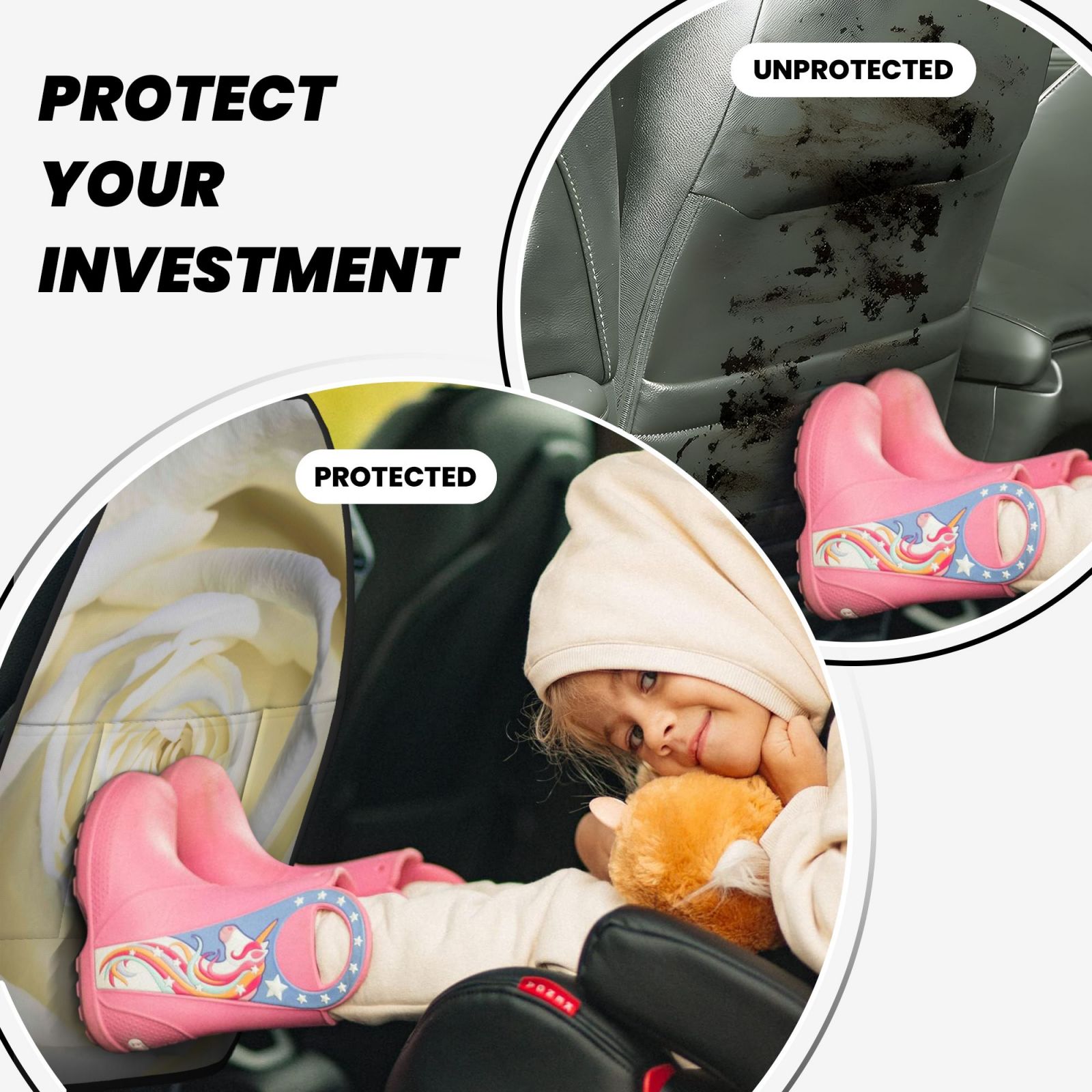 Xecao White Rose Pattern Car Seat Back Protector 2 Pack Large Capacity Pocket, Kick Mats Back Seat Protector