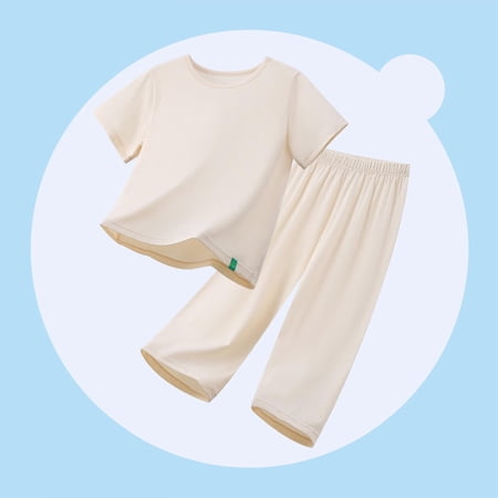 Amidoa Girls Summer 2 Piece Outfits Cotton Solid Color Short Sleeve and Casual Shorts Kids Clothing Set Beige Size 18-26 Months