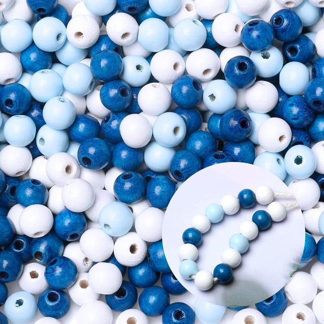 Perlas de madera TOP HUNTER, 450 unidades, 10 mm, pintadas en azul y blanco