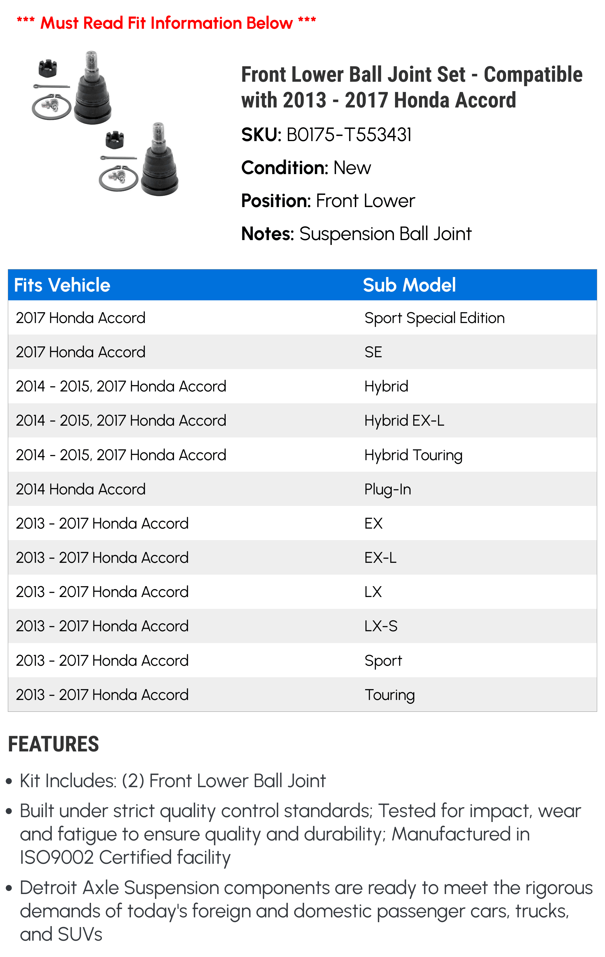 Front Lower Ball Joint Set - Compatible with 2013 - 2017 Honda Accord 2014 2015 2016