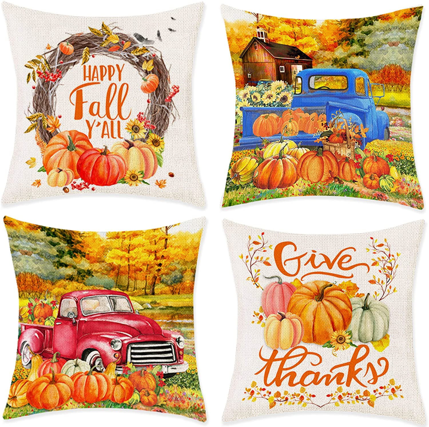 Fall Harvest Thanks Giving Pumpkins Linen Pillow Case Sofa Cushion Cover Decor 