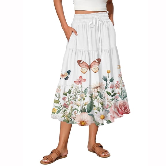 WTOBBY Women's Floral Print Flowy Flared Skirt with Ruffle Hem, A-Line Elastic Waist Elegant Tiered Layered Bohemian Long Skirt for Casual Summer and Beach Events,Beige L