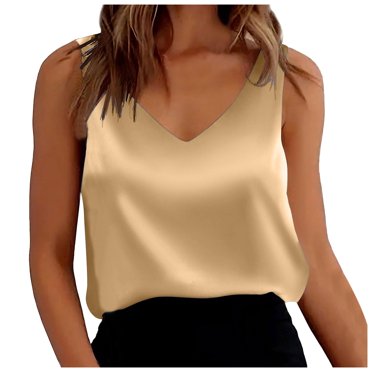 MIASHUI Satin Tank Tops for Women Loose Fit Sleeveless V Neck Shirt Top,Khaki,M